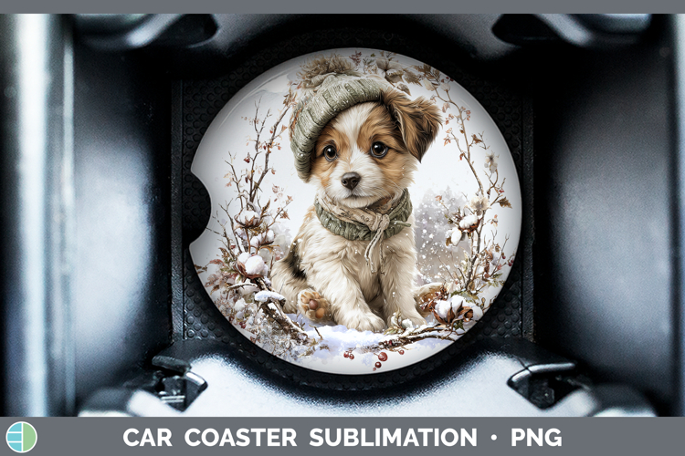 Puppy Animals Winter Knit Hat Car Coaster Sublimation Design