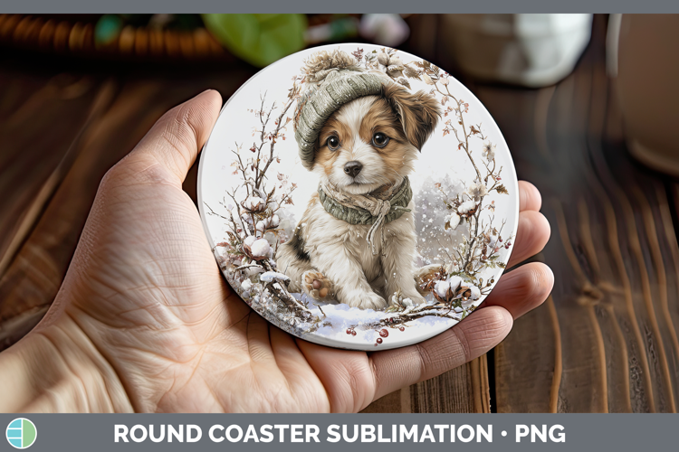 Puppy Animals Winter Knit Hat Round Coaster Sublimation Desi