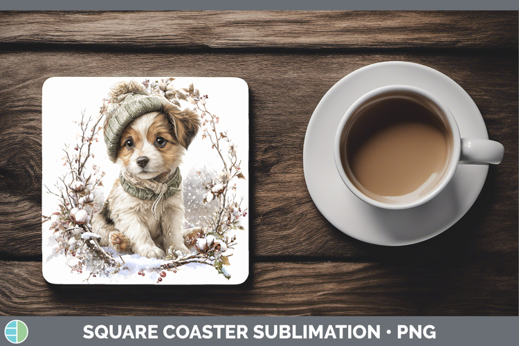 Puppy Animals Winter Knit Hat Square Coaster Sublimation Des