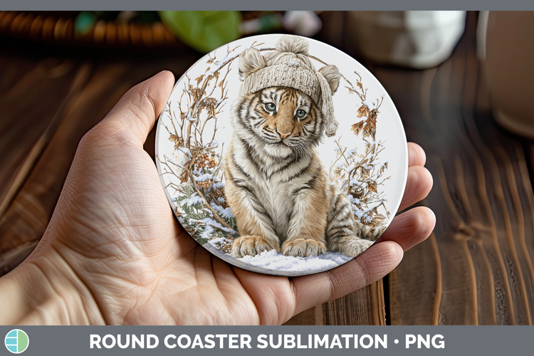 Tiger Animals Winter Knit Hat Round Coaster Sublimation Desi