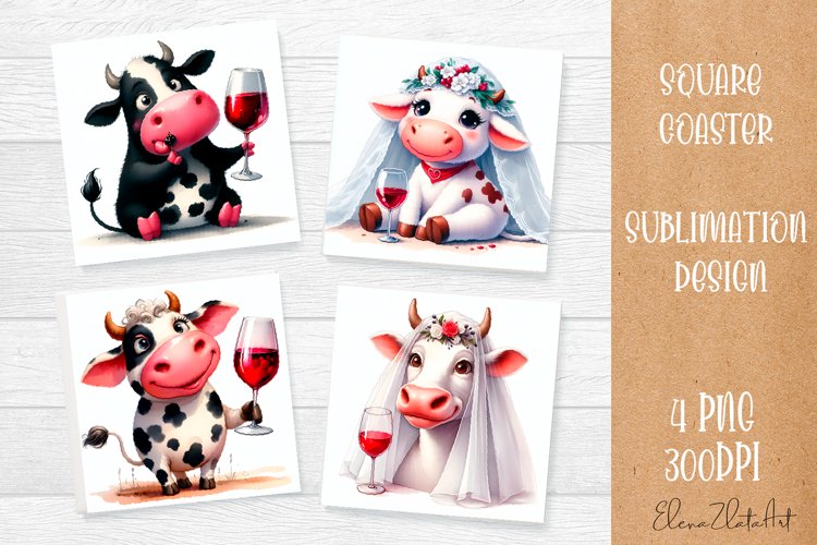 Funny cow wedding Coaster Sublimation | Cat Square Coaster example image 1