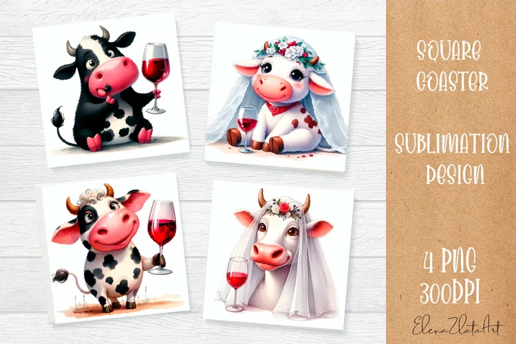 Funny cow wedding Coaster Sublimation | Cat Square Coaster
