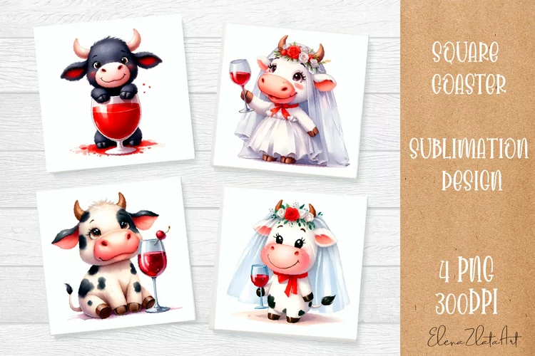 Funny cow wedding Coaster Sublimation | Cat Square Coaster