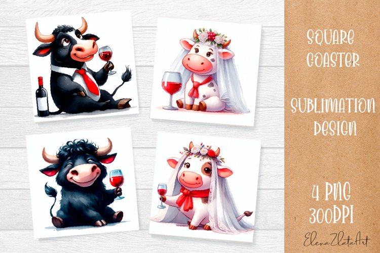 Funny cow wedding Coaster Sublimation | Cat Square Coaster example image 1