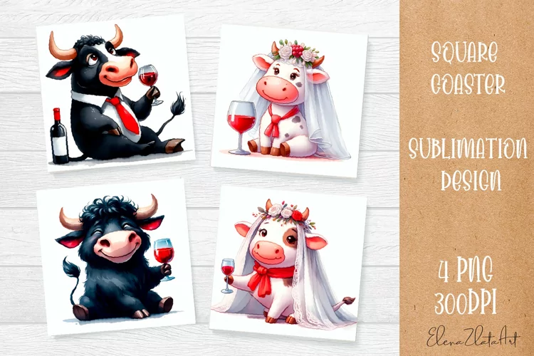 Funny cow wedding Coaster Sublimation | Cat Square Coaster