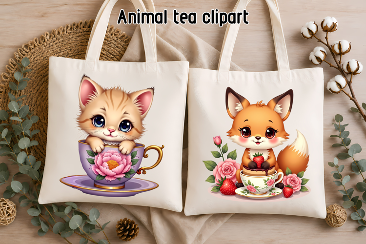 Cute Kitten Fox Tea Party Clipart PNG