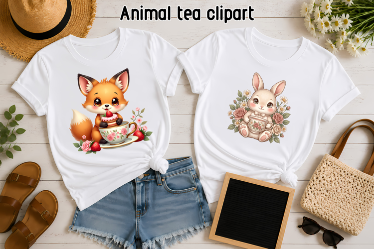 Cute Fox Bunny Tea Party Clipart PNG