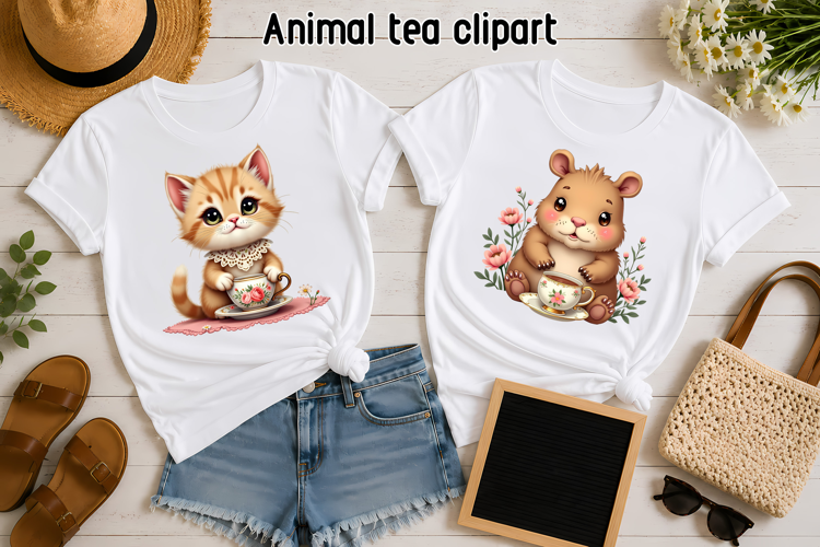 Cute Cat Hamster Tea Party Clipart PNG
