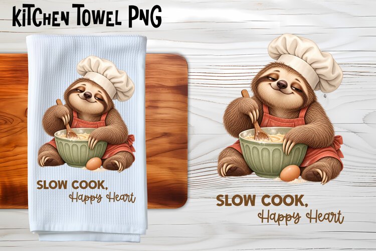 Slow Cook Happy Heart Sloth Kitchen Towel PNG example image 1