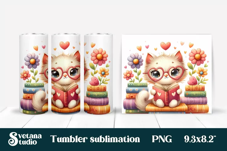 Cute cat books tumbler sublimation | Cat tumbler wrap