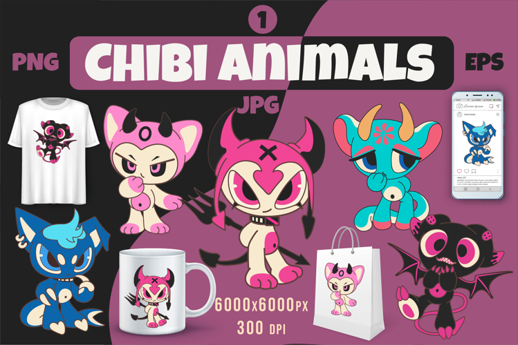 Chibi animals set 01. Tshirt, PNG.