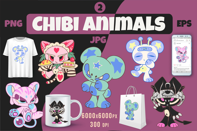 Chibi animals set 02. Tshirt, PNG.