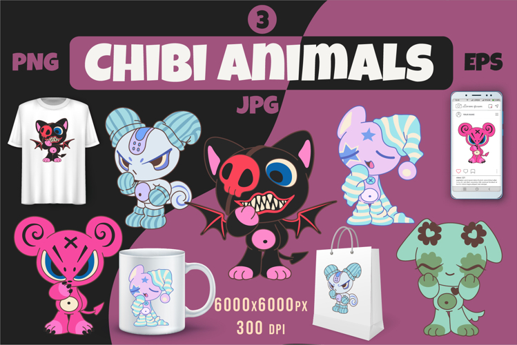 Chibi animals set 03. Tshirt, PNG.