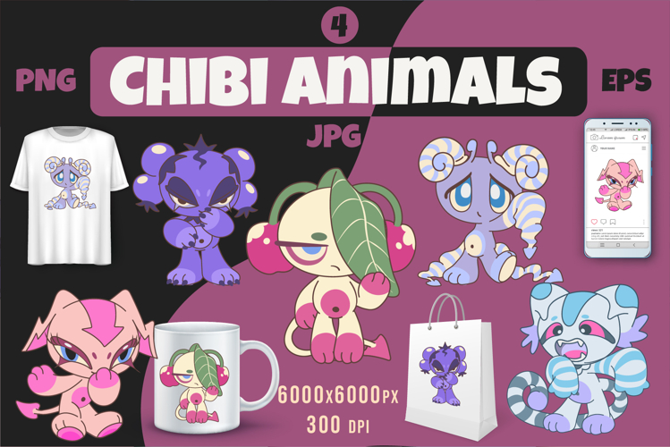 Chibi animals set 04. Tshirt, PNG.