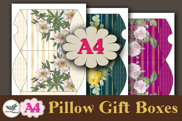 Floral Gold Stripe Pillow Box Template Kit A4 Printable