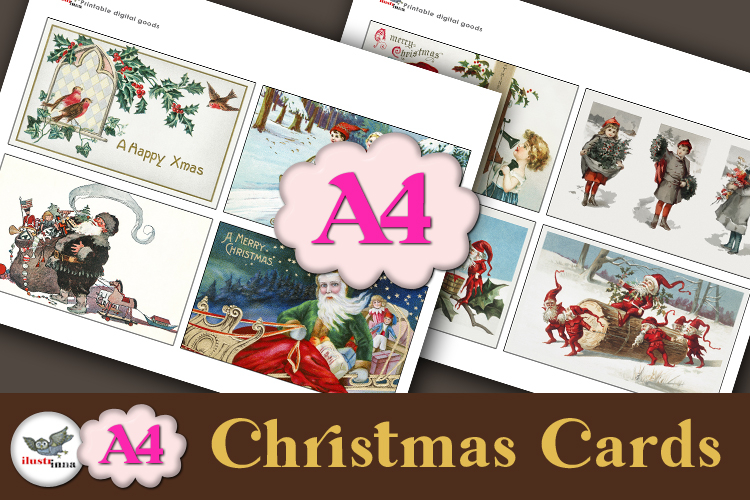 Antique Christmas Cards Printable Kit A4
