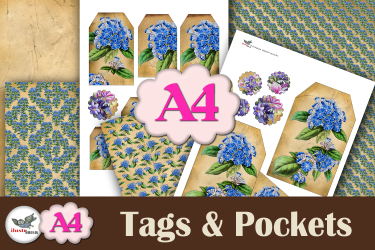 Blue Floral Tags & Pockets A4 Junk Journal Kit