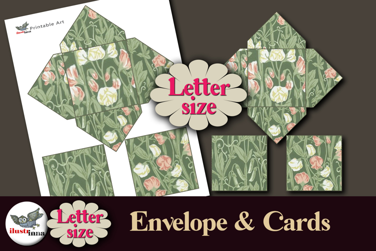 William Morris Style Green Cards   Square Envelope Printable