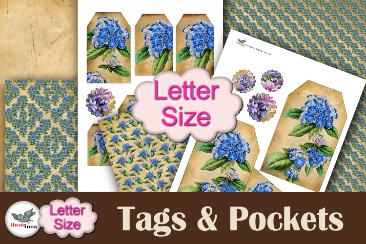Blue Floral Tags & Pockets Junk Journal Kit Letter