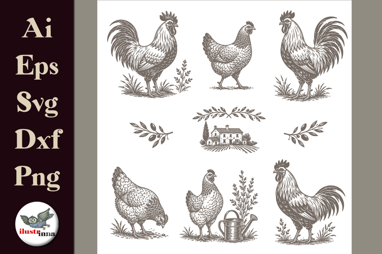 Vintage Farm Chicken Clipart Bundle SVG PNG AI EPS DXF