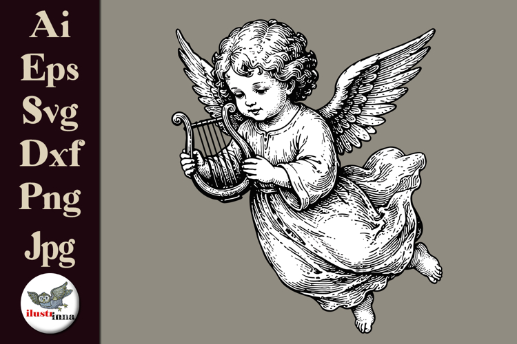 Vintage Angel Playing Harp Clipart SVG Bundle