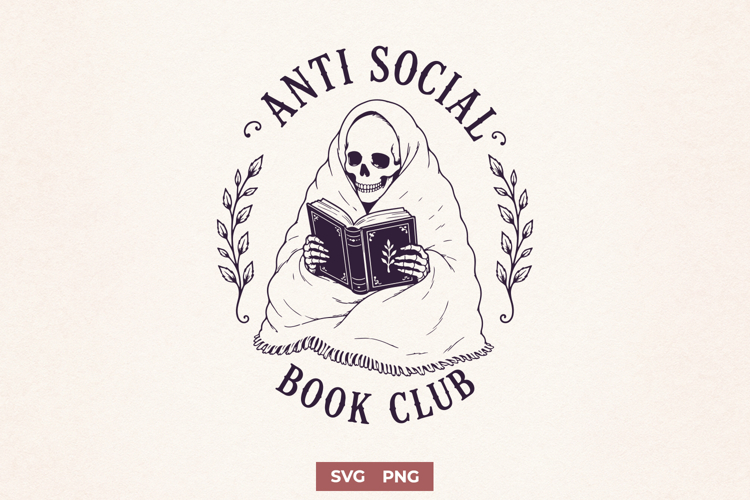 Anti Social Book Club SVG, Introvert Skeleton Cozy PNG