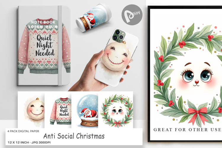 Digital Paper Watercolor Anti Social Christmas