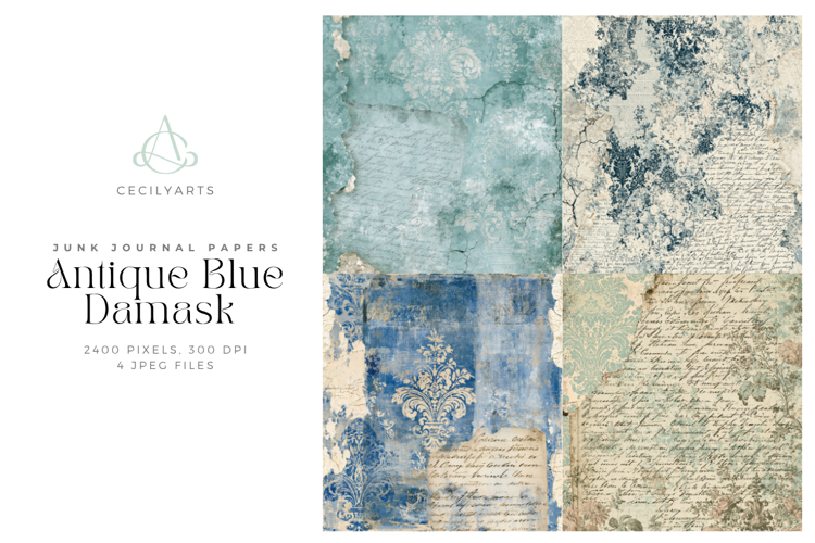 Antique Blue Damask Digital Papers