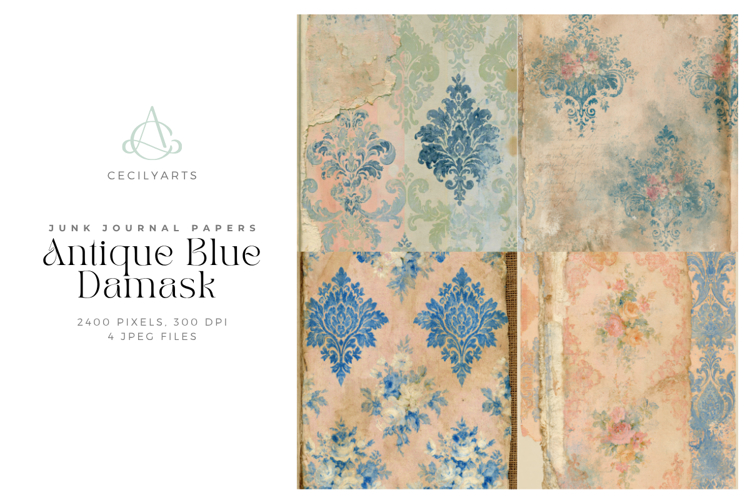 Antique Blue Damask Digital Papers