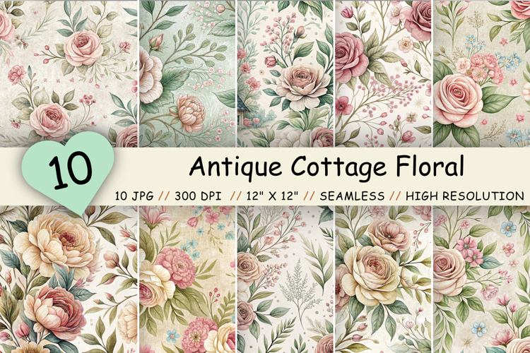 Antique Cottage Floral Digital Paper Bundle, Vintage