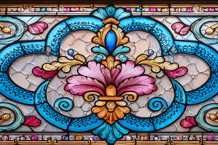 A colorful stained glass window with floral design (6548386)