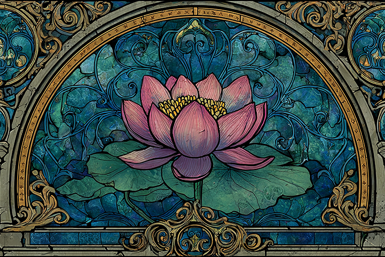A beautiful pink lotus flower in an ornate stained glass