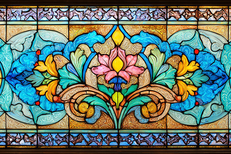 A vibrant stained glass window with floral designs (6548535)