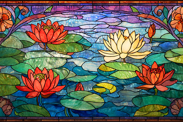 A beautiful stained glass artwork of lotus flowers