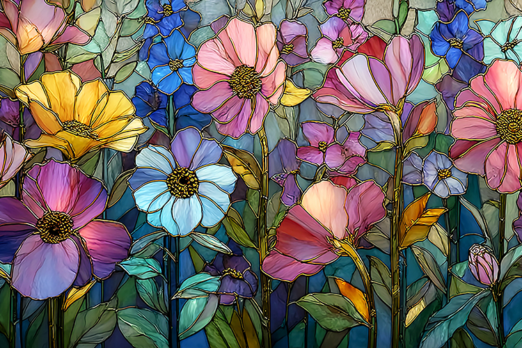 A vibrant stained glass artwork of colorful flowers