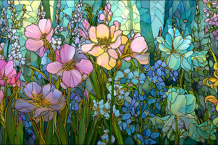 A vibrant stained glass artwork of colorful flowers