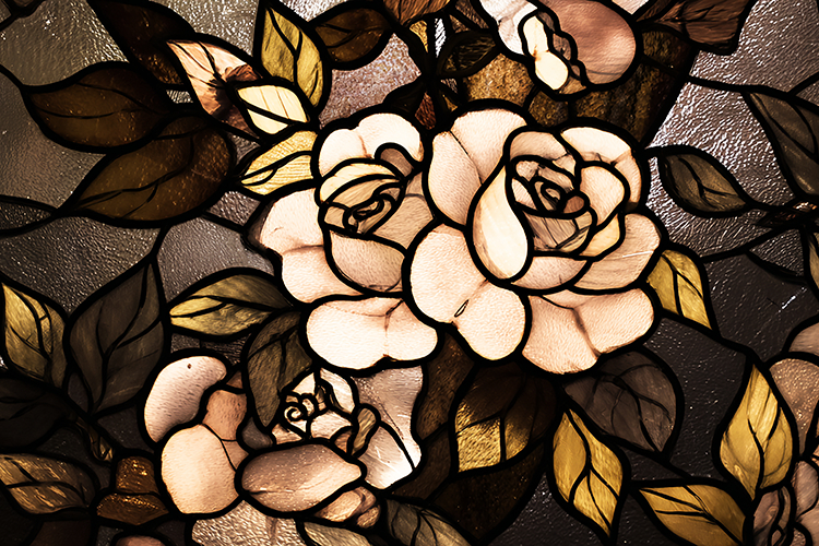 A beautiful stained glass window with roses and leaves