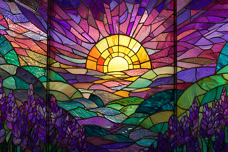A vibrant stained glass artwork depicting a serene sunset