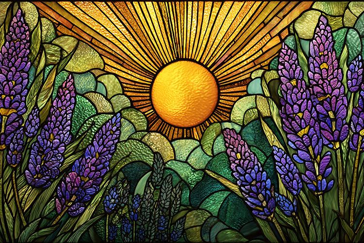 A stained glass artwork of a vibrant sunset