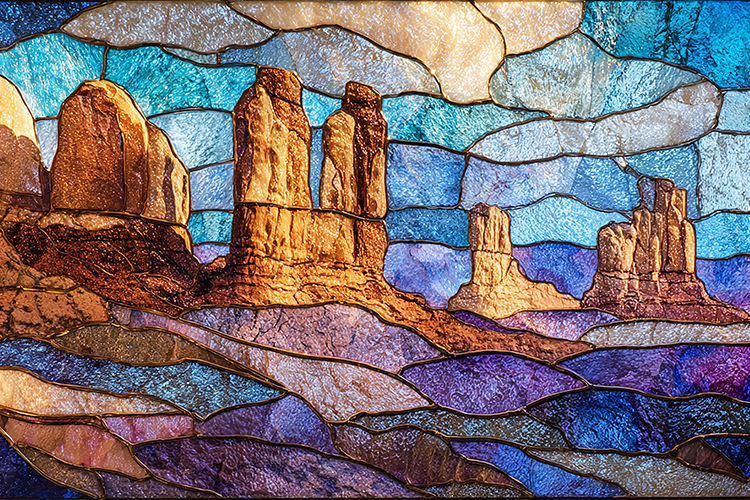 A vibrant stained glass artwork of a desert landscape