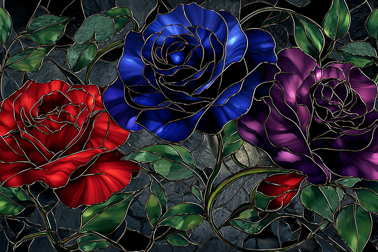 A stained glass artwork of colorful roses and leaves
