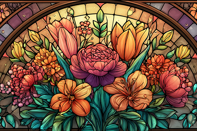 A vibrant stained glass window with colorful flowers