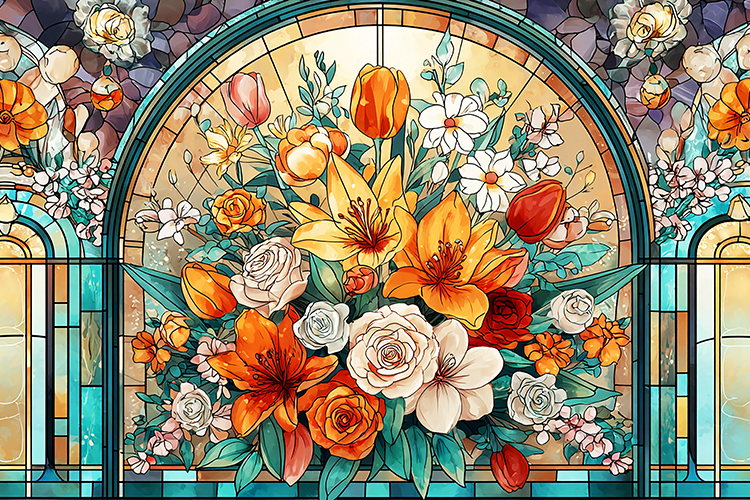 A beautiful stained glass window with a vibrant floral