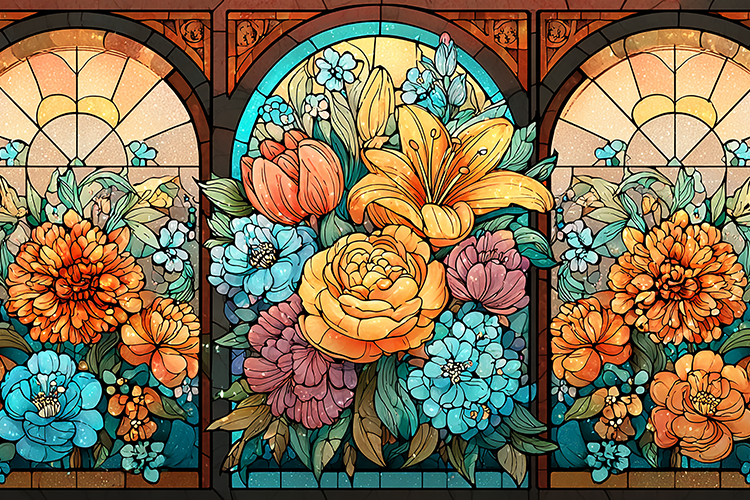 A beautiful stained glass window with colorful flowers
