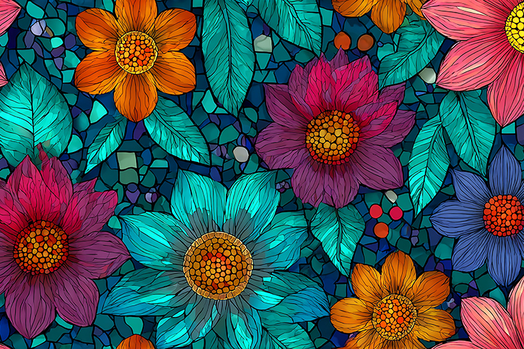 A vibrant mosaic of colorful flowers and leaves