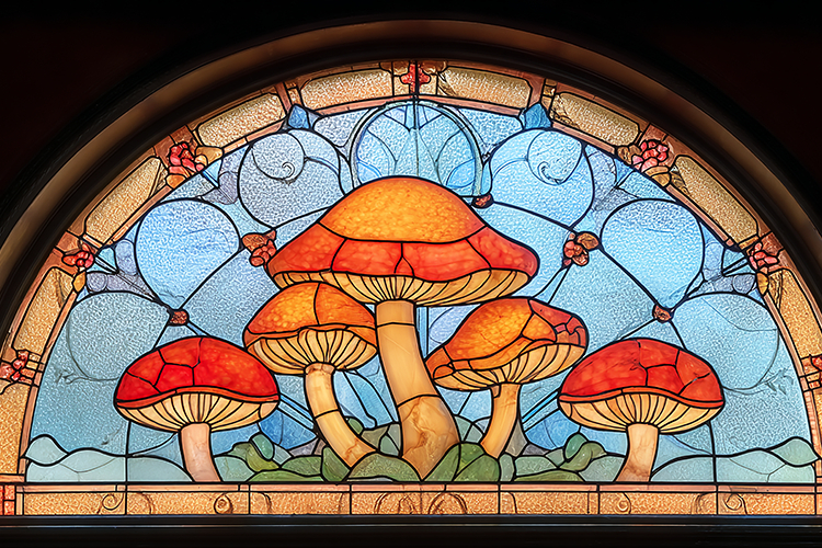 A stained glass window depicting colorful mushrooms