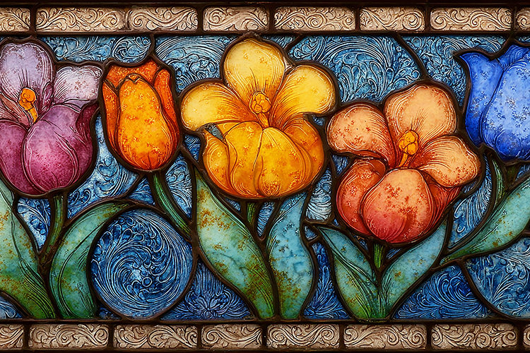 A beautiful stained glass window with colorful flowers