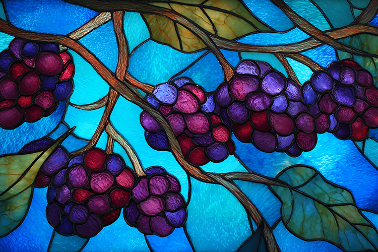 A stained glass artwork of purple berries on a branch
