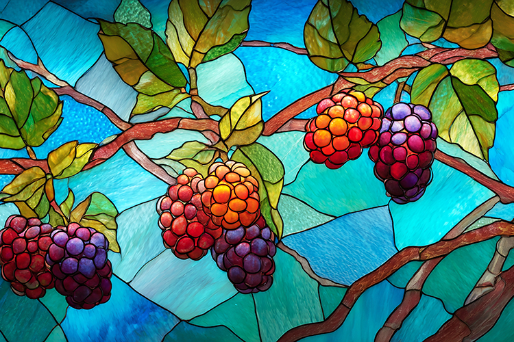 A stained glass artwork of colorful berries and leaves on a