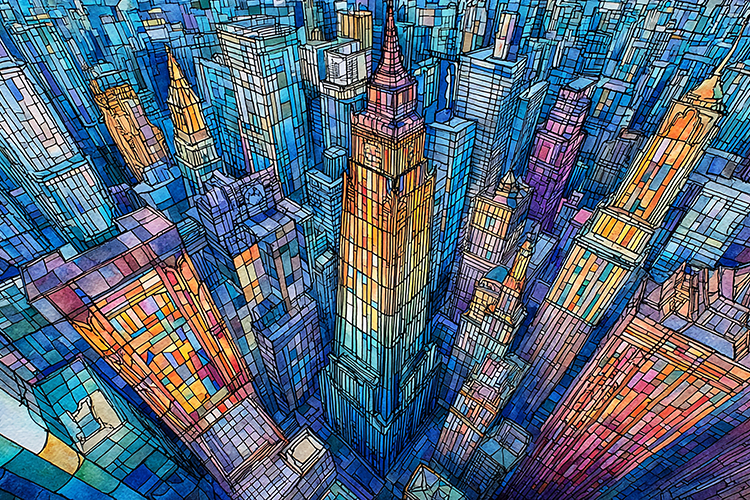 A vibrant cityscape with colorful skyscrapers towering high